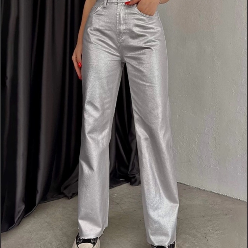 Shiny Silver High-Waisted Pants